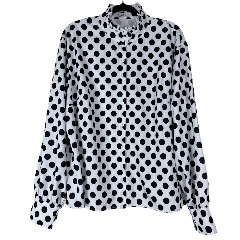 AOMEI Polka Dot‎ Ruffle Neck Blouse Tie Neck Long Sleeve Women's Plus Size 3XL